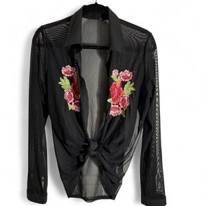 Black mesh long sleeve  rose embroidery button-up whimsy goth vibe